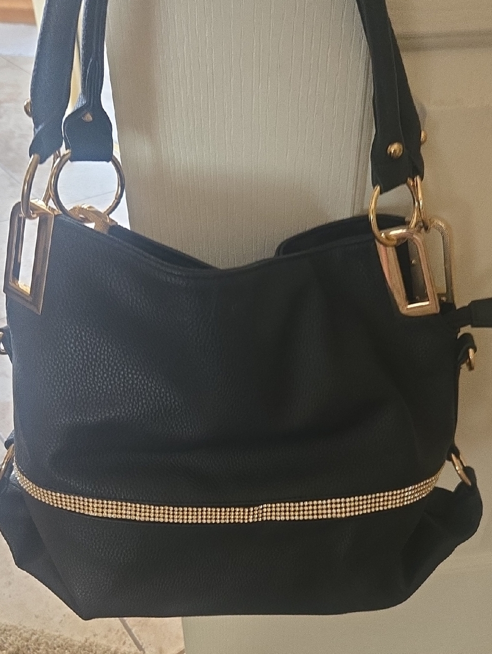 Black Women's Shoulder Bag with Gold Accent